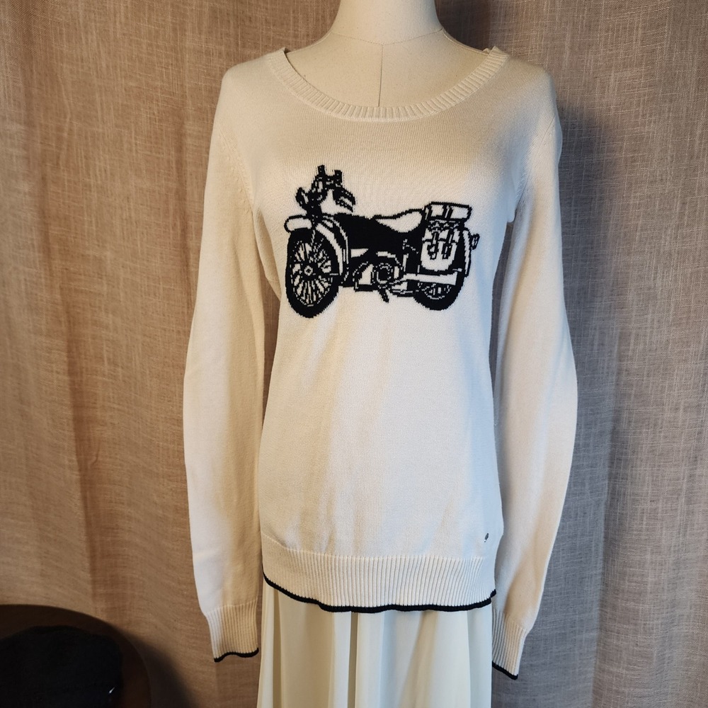 Volcom Womens Cream Motorcycle Graphic Knit Sweater Size M Scoop Neck Top
